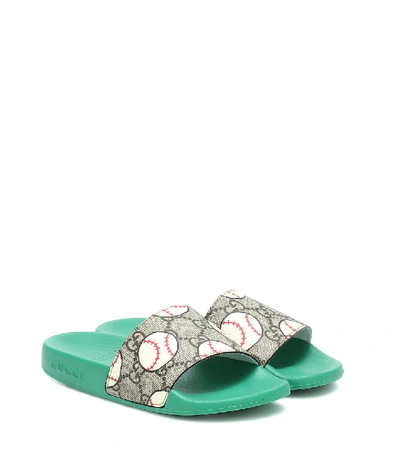 Gucci Pursuit Baseball Print Gg Supreme Slide Sandals, Toddler/kids In Green
