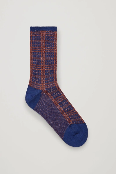 Cos Metallic Checked Socks In Blue