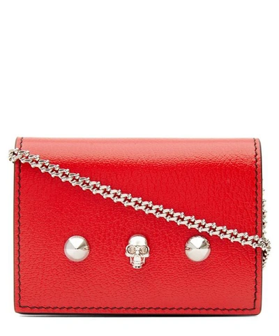 Alexander Mcqueen Skull Leather Card Holder On Chain In Deep Red