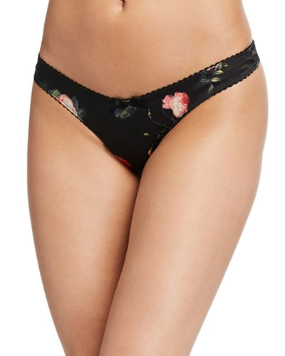 Agent Provocateur Elora Floral-print Silk Thong In Black Pattern