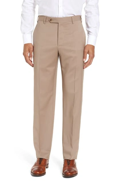 Zanella Devon Flat Front Classic Fit Solid Wool Serge Dress Pants In Beige/ Khaki