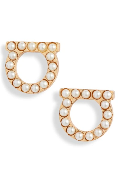 Ferragamo Small Gancio Imitation Pearl Stud Earrings In Gold/ Pearl