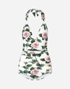 DOLCE & GABBANA TROPICAL ROSE PRINT SWIMSUIT WITH RINGS AND PLUNGING NECKLINE
