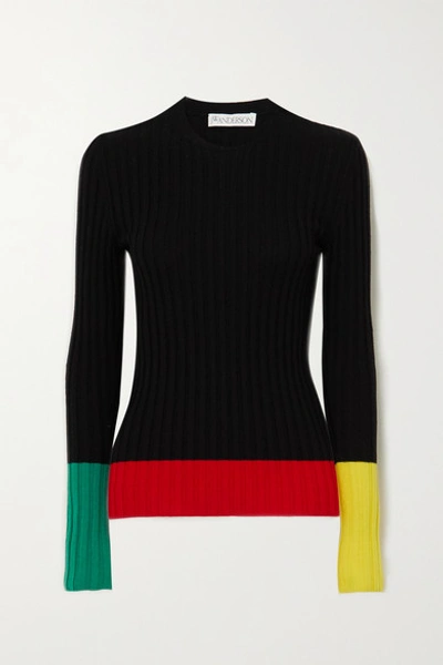Jw Anderson Color-block Ribbed Merino Wool Sweater In Black