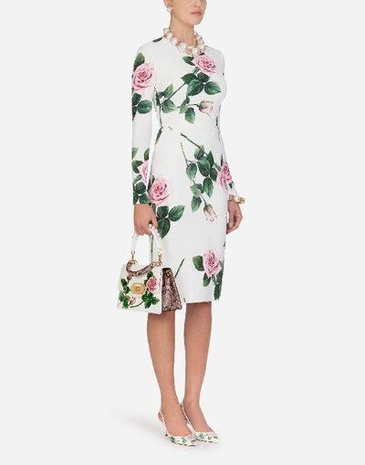 Dolce & Gabbana Cady Fabric Tropical Rose Print Midi Dress In White