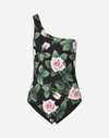 DOLCE & GABBANA ONE-SHOULDER TROPICAL ROSE PRINT SWIMSUIT