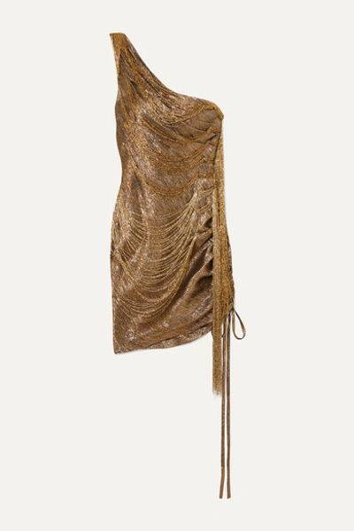 Oscar De La Renta One-shoulder Bead-embellished Silk-blend Lamé Mini Dress In Gold