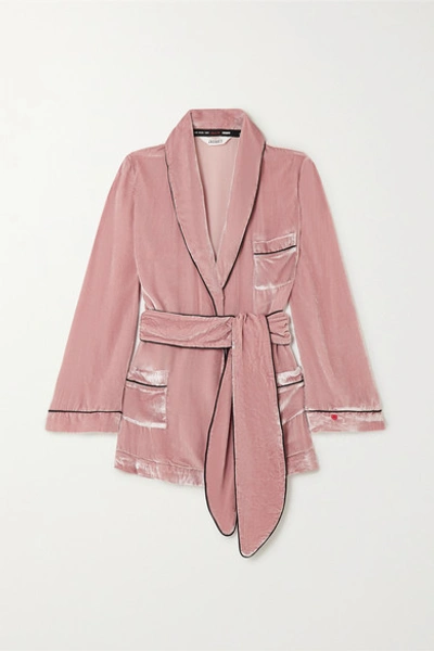 Sleeping With Jacques The Bon Vivant Belted Piped Velvet Robe In Pink
