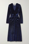 ROTATE BIRGER CHRISTENSEN RUCHED GLITTERED VELVET MIDI DRESS