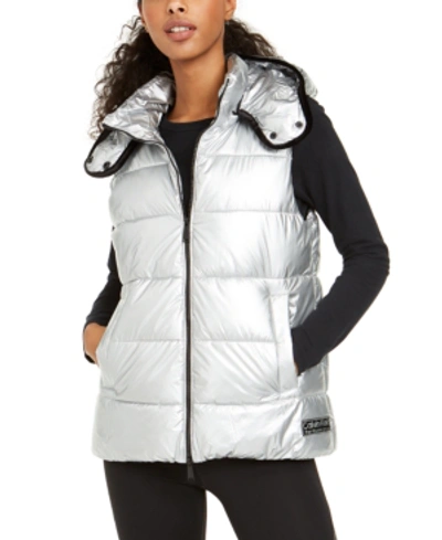 Calvin Klein Performance Quilted Removable-hood Waistcoat In Aluminum