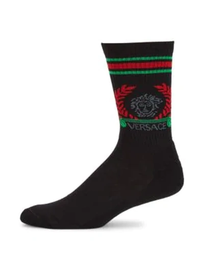 Versace Logo Intarsia Crew Socks In Black Red