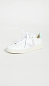 Veja V-12 Sneakers In White Leather In Extra White/parme/turquoise