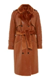 COMMON LEISURE THE ONE SHEARLING-TRIMMED PATENT EFFECT TRENCH COAT SIZ,770544