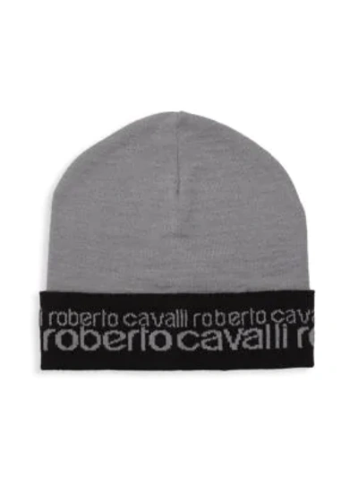 Roberto Cavalli Logo Cuff Beanie In Grey Black