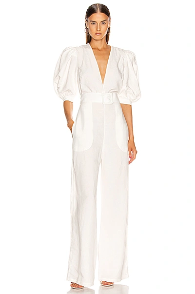 Adriana Degreas Puff-sleeve Belted Crepe Jumpsuit In Off White
