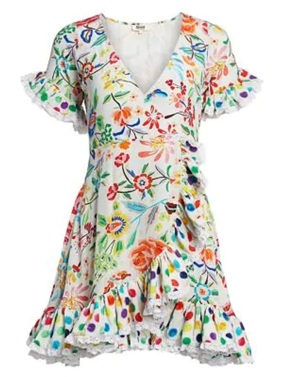 All Things Mochi Valeria Floral Silk Wrap Dress In White Floral