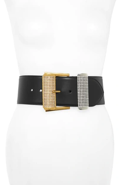 Versace Two Tone Strass Buckle Leather Belt In Nero