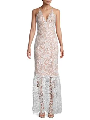 Dress The Population Sophia Plunging Lace Trumpet Gown In White | ModeSens