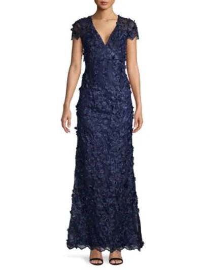 Carmen Marc Valvo Infusion Tufted Floral & Sequin Gown In Navy