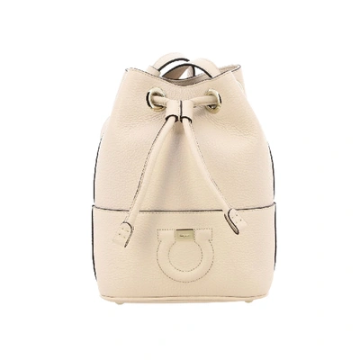 Ferragamo City Hook Bucket Bag In Textured Leather In Yellow Cream