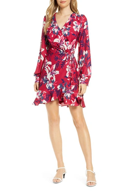 Adelyn Rae Shayne Long Sleeve Floral Faux Wrap Dress In Cherry Pink