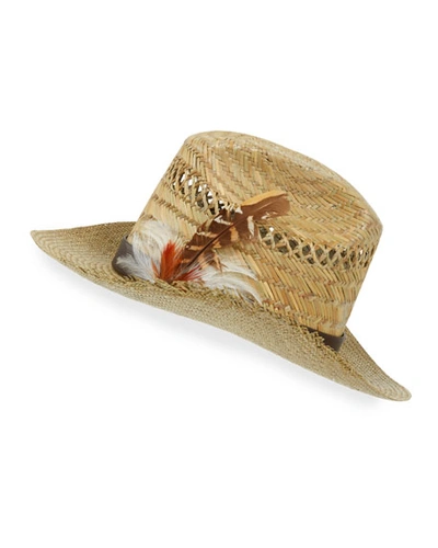 Saint Laurent Kate Panama Toquilla Palm Straw Hat In Sand/dark Brown