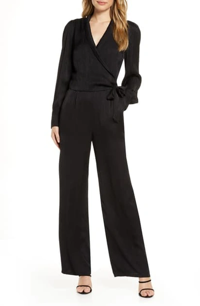 Adelyn Rae Shyla Long Sleeve Textured Satin Jumpsuit In Black