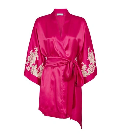 Carine Gilson Short Silk Lace Trim Kimono Dressing Gown