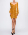 Endless Rose Ruched Long Sleeve Velvet Body-con Dress In Yellow