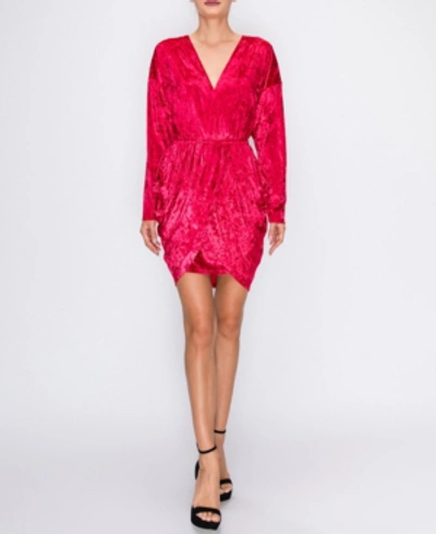 Endless Rose Wrap Front Long Sleeve Crushed Velvet Minidress In Red