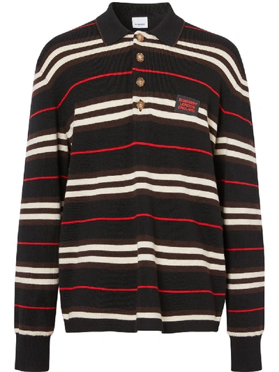 Burberry Long-sleeve Icon Stripe Merino Wool Polo Shirt In Black