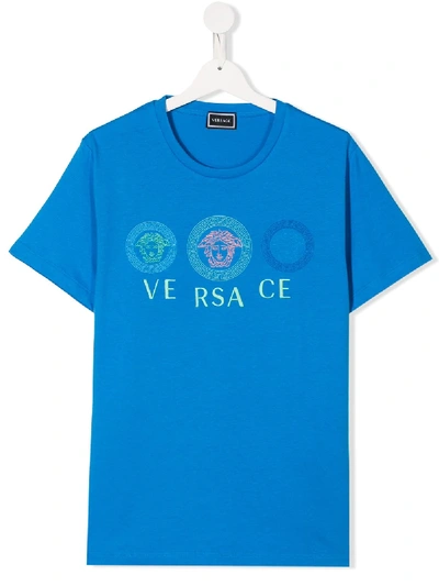 Young Versace Teen Cotton Logo T-shirt In Blue