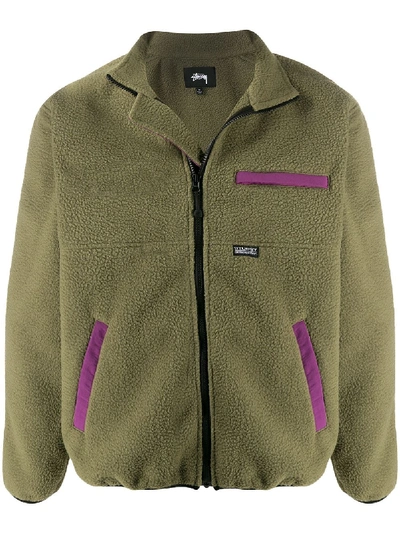 Stussy Colour Block Fleece Jacket In Green