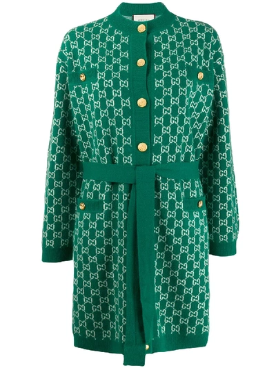 Gucci Knit Gg Intarsia Wool Coat Cardigan In Green,white