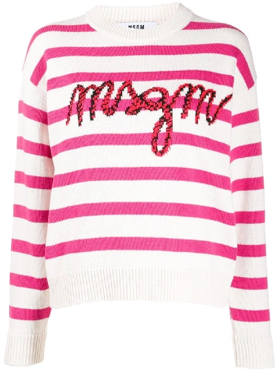 Msgm Striped Logo Knit Jumper In Pink