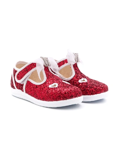 Monnalisa Kids' Bow Detail Glitter Ballerina Shoes In Red