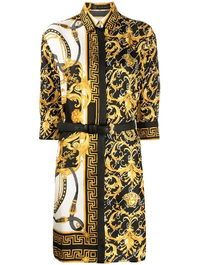Versace Barocco Signature Print Belted Shirt Dress In 黑色