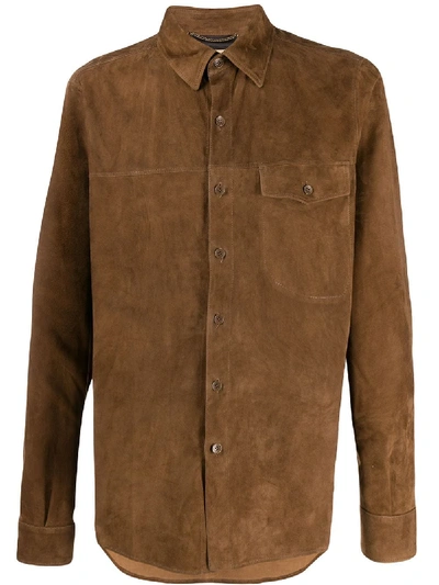 Ajmone Long Sleeve Leather Shirt In Brown