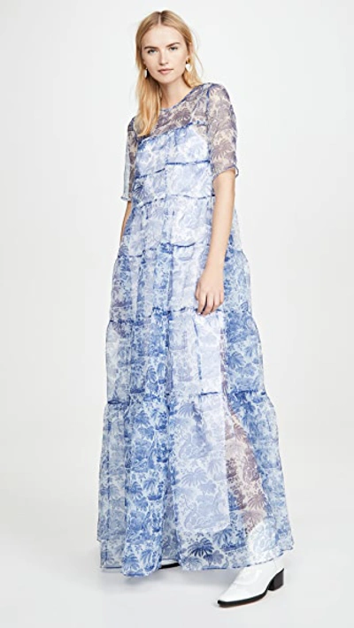 Staud Hyacinth Tiered Printed Crinkled-organza Maxi Dress In Blue