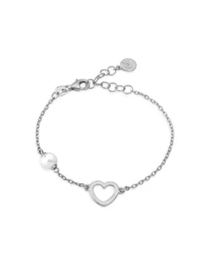 Majorica 6mm White Round Man-made Pearl Heart Chain Bracelet