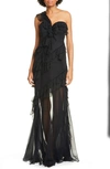 Amur One-shoulder Ruffled Silk Illusion Gown In Black