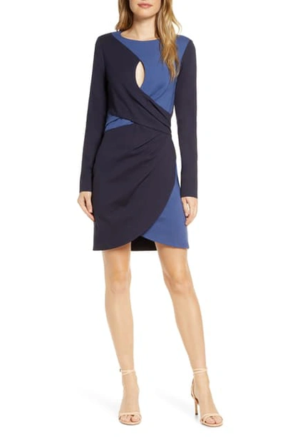 Adelyn Rae Bria Colorblock Long Sleeve Keyhole Knit Sheath Dress In Navy-steel