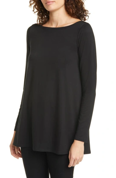 Eileen Fisher Plus Size Boat-neck Long-sleeve Jersey Tunic In Black