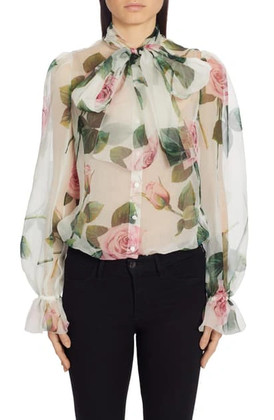 Dolce & Gabbana Pussy-bow Rose-print Silk-organza Blouse In White