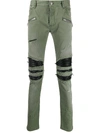 BALMAIN Distressed Khaki Green Pants,TH15419Z068