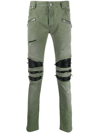 Balmain Men's Faux-leather Inset Twill Pants In Khaki