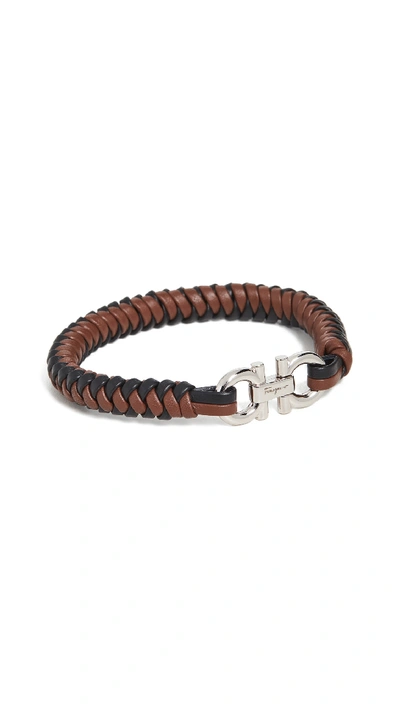 Ferragamo Leather Plait Bracelet In Black/brown