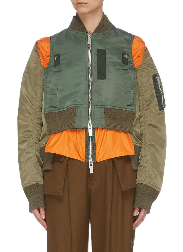 Sacai 'ma1' Detachable Hood Colourblock Patchwork Jacket In 501 Khaki