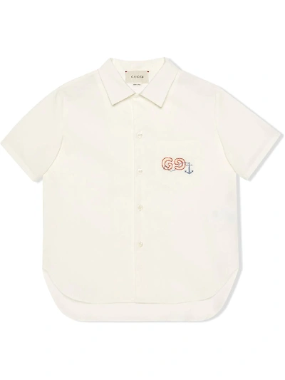 Gucci Kids' Cotton Shirt With Gg And Anchor Embroidery In White