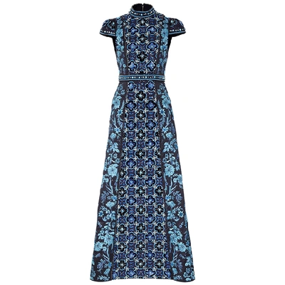 Alice And Olivia Nidia Embroidered Mock-neck Cap-sleeve Gown In Navy
